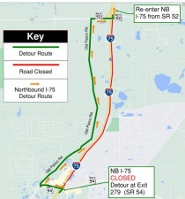 Detour map for the closure of northbound I-75 between SR 54 and SR 52