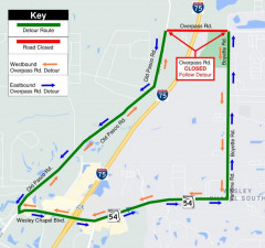 Detour map for closure of Overpass Road between Old Pasco Road and Boyette Road