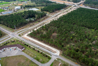 Looking southwest at the Boyette Rd. / Overpass Rd. intersection and the new McKendree Road alignment along both roads (2/15/2021 photo)