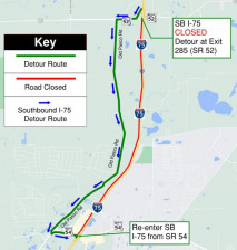 Detour map for the closure of southbound I-75 between SR 52 and SR 54