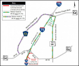 Detour map for closure of northbound I-275 / I-75 exit ramp to SR 56
