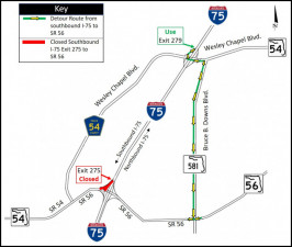 Detour map for closure of Southbound I-75 Exit 275 to SR 56