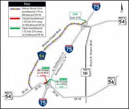 Detour map for closure of southbound I-75 ramp to westbound SR 56