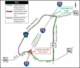 Detour map for closure of SR 56 ramp onto northbound I-75